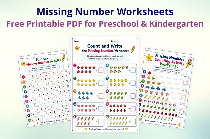 Missing Number Worksheets free printable PDF for preschool and kindergarten kids