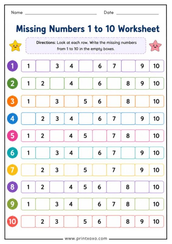 Missing Numbers 1 to 10 worksheet printable for preschool kids