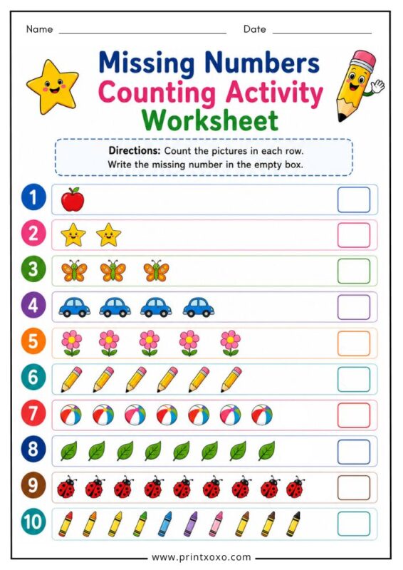 Missing numbers counting activity worksheet printable for kids