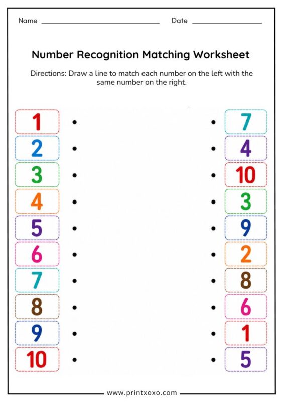 Number recognition matching worksheet for preschool learning