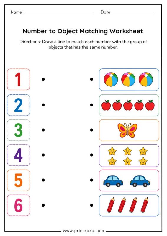 Number to object matching worksheet for preschool and kindergarten