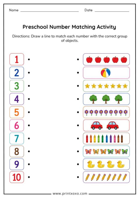 Preschool number matching activity worksheet printable PDF