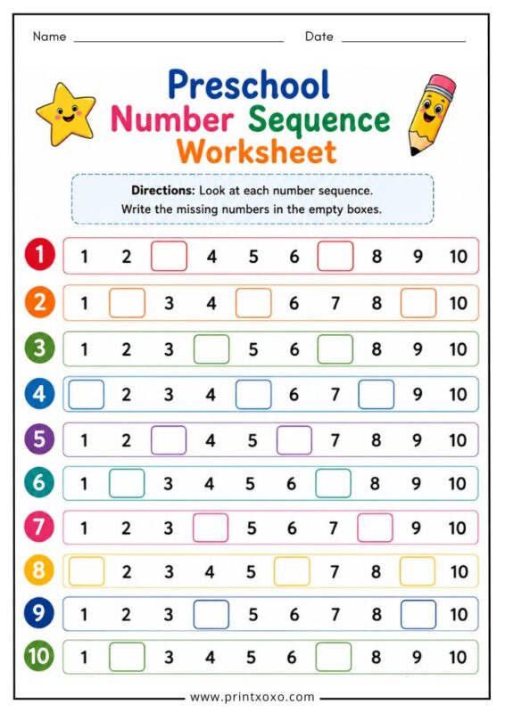 Preschool number sequence worksheet for early learning activities
