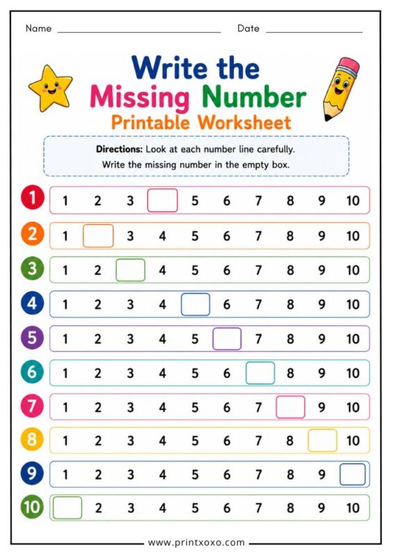 Write the missing number printable worksheet for preschool kids