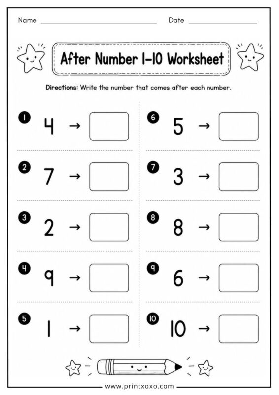 After number worksheet for preschool and kindergarten students