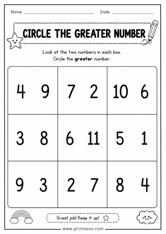 Circle the greater number worksheet for preschool and kindergarten