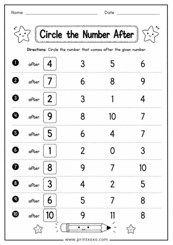 Circle the number after worksheet for kindergarten students