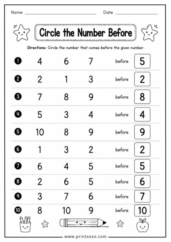 Circle the number before worksheet for preschool kids