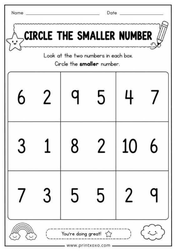 Circle the smaller number worksheet for kids