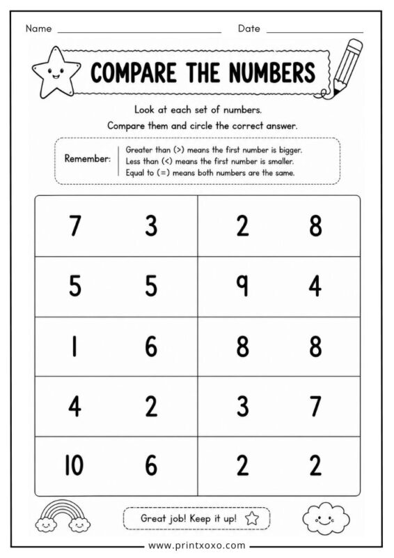 Compare the numbers and circle the correct answer worksheet