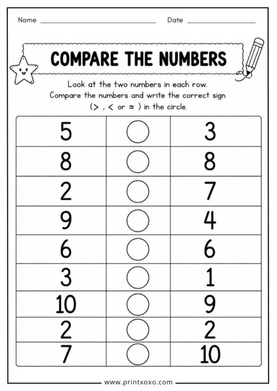 Compare the numbers worksheet for preschool and kindergarten