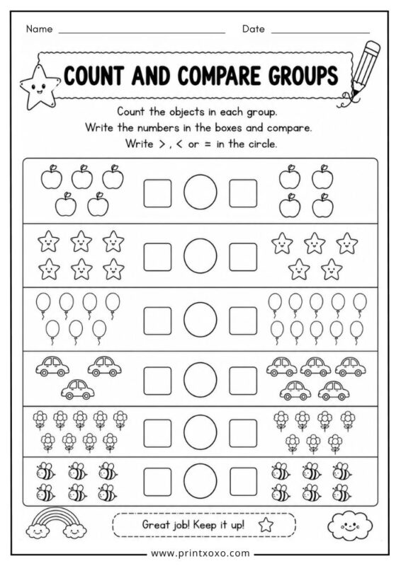 Count and compare groups worksheet for kindergarten