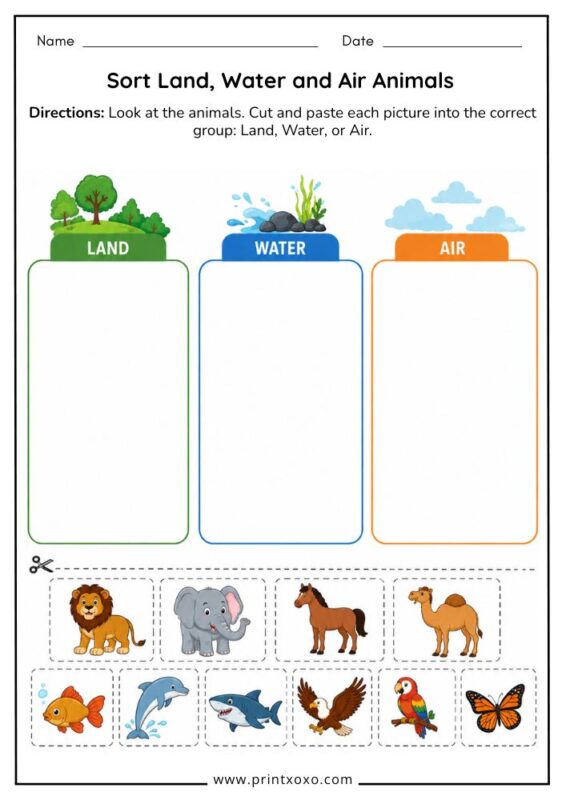 Cut and Paste Land Water and Air Animals Worksheet