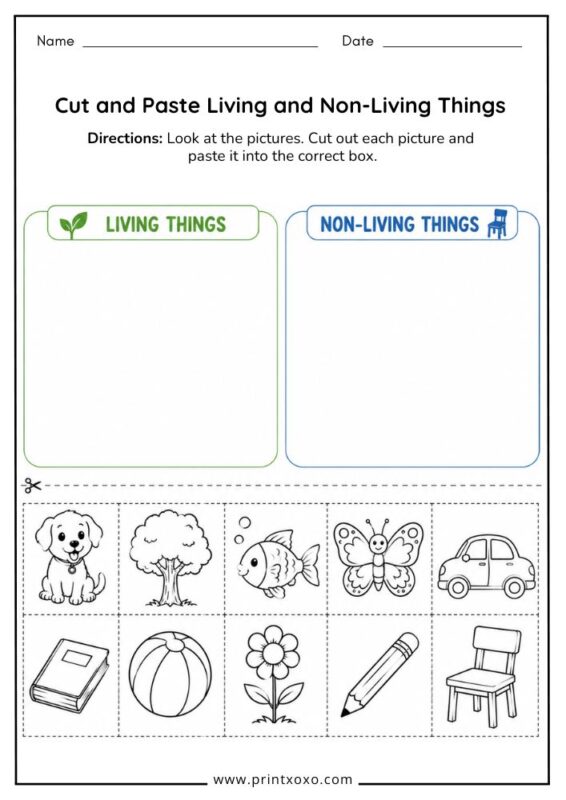Cut and Paste Living and Non-Living Things worksheet for kids