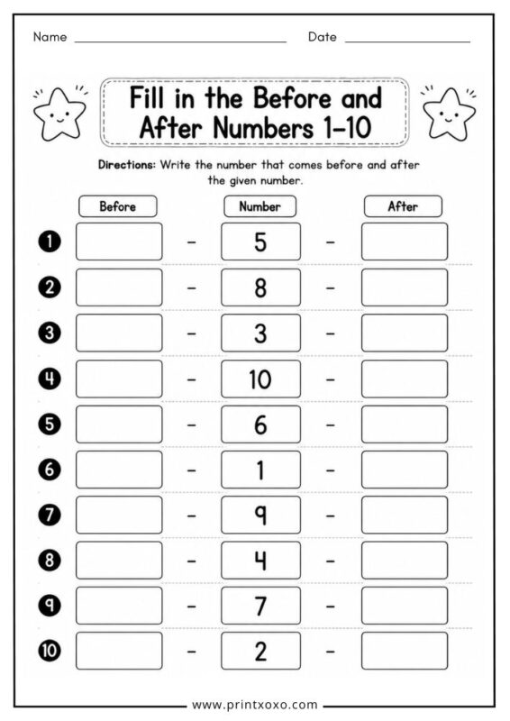 Fill in the before and after numbers worksheet