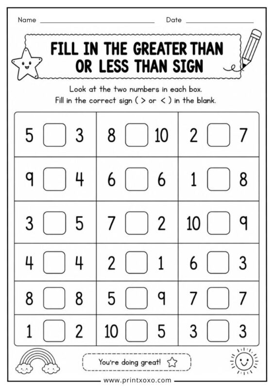 Fill in the greater than or less than sign worksheet