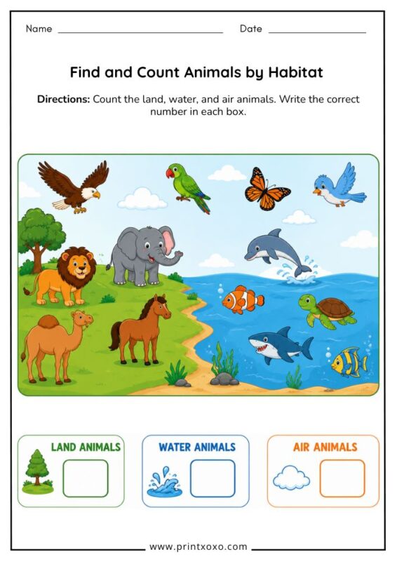 Find and Count Animals by Habitat Worksheet