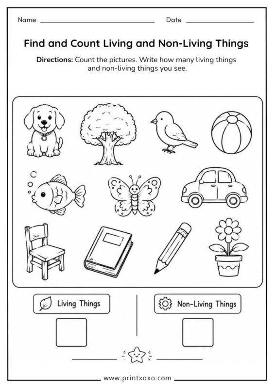 Find and Count Living and Non-Living Things worksheet for kids