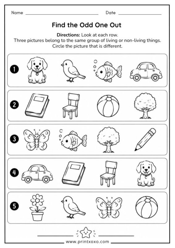 Find the Odd One Out living and non-living things worksheet
