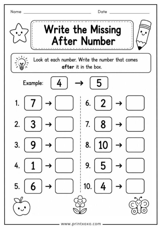 Missing after number worksheet for kindergarten and preschool