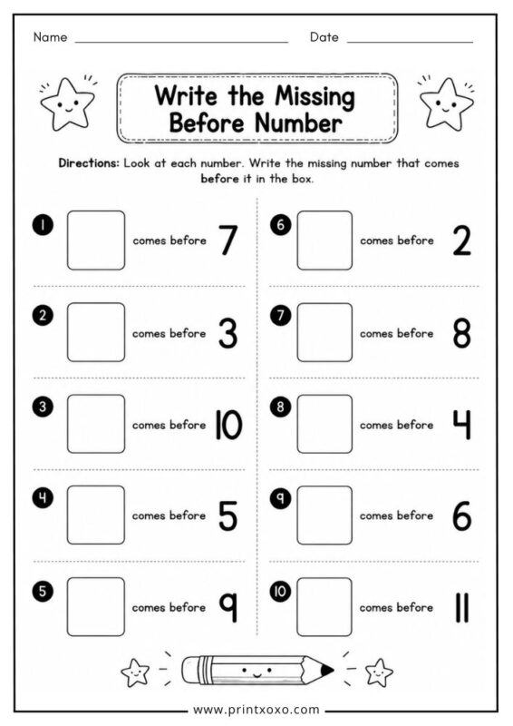 Missing before number worksheet for preschoolers