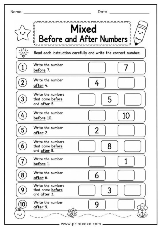 Mixed before and after numbers worksheet for preschoolers