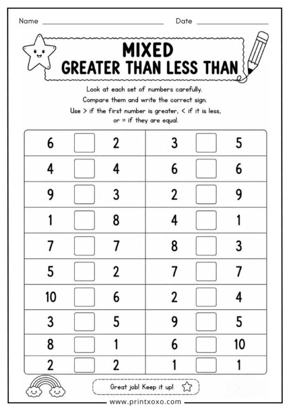 Mixed greater than less than worksheet for kindergarten