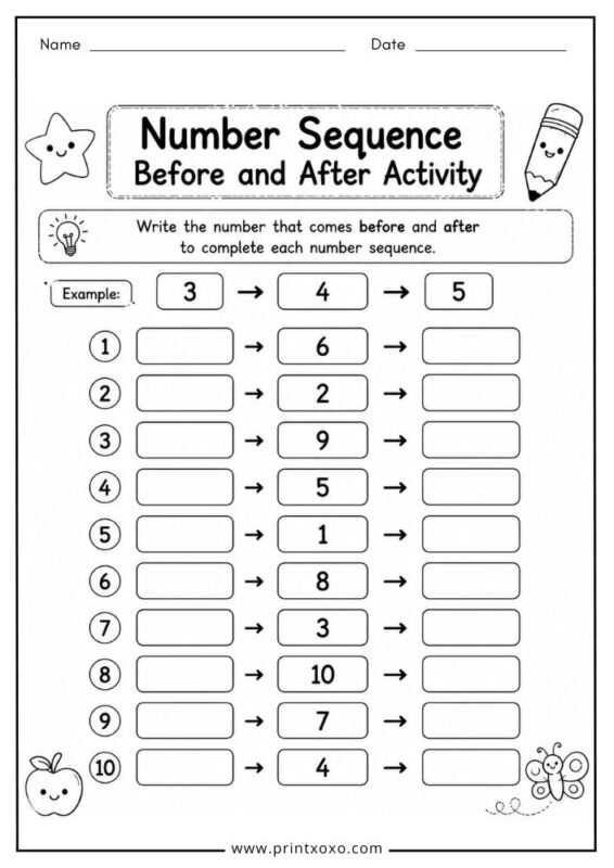 Number sequence before and after activity worksheet