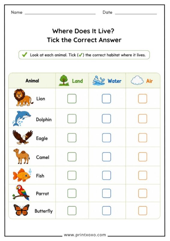 Where Does It Live Tick the Correct Answer Worksheet