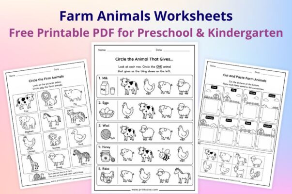 Free printable Farm Animals Worksheets for preschool and kindergarten kids featuring fun matching, counting, labeling, cut and paste, and learning activities.
