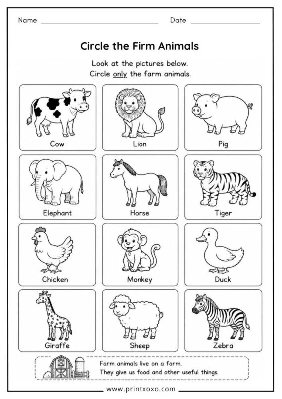 Circle the Farm Animals printable worksheet for preschool and kindergarten.