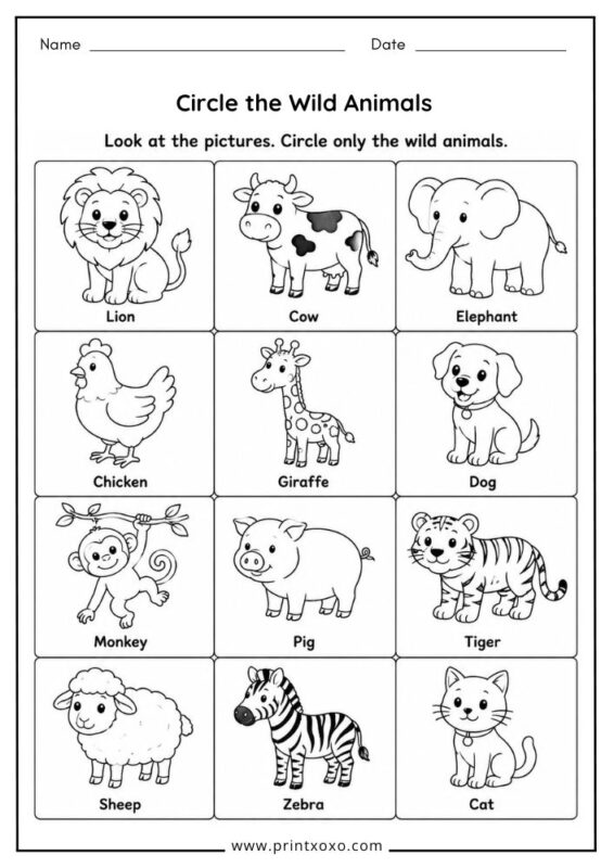 Circle the Wild Animals printable worksheet for preschool