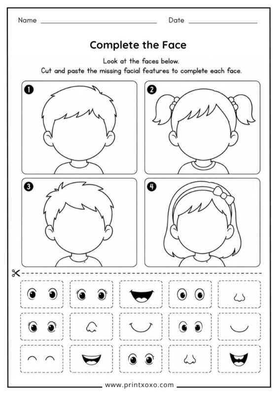 Complete the Face printable cut and paste worksheet.