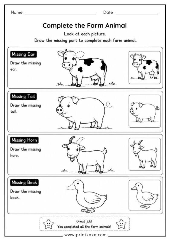 Complete the Farm Animal printable worksheet.
