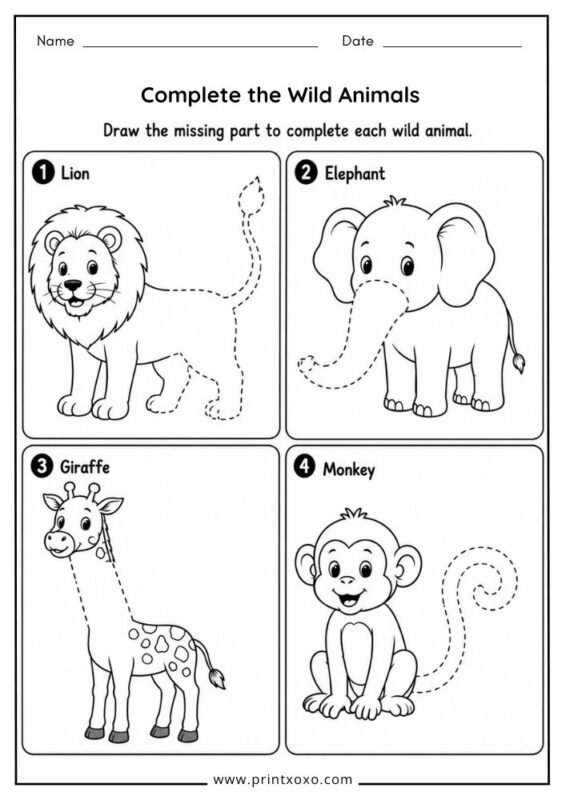 Complete the wild animal printable worksheet