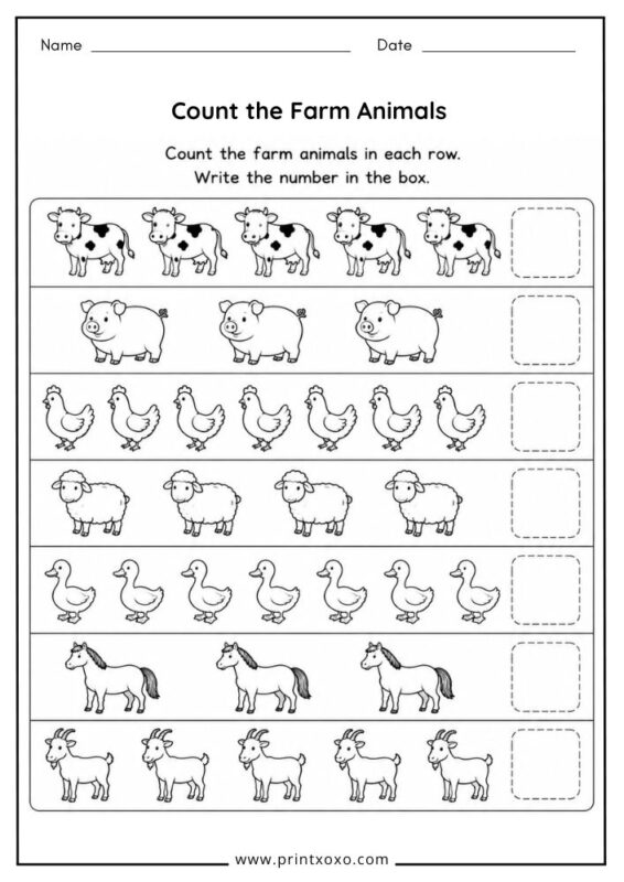 Count the Farm Animals printable counting worksheet.