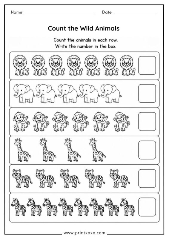 Count the wild animals printable worksheet
