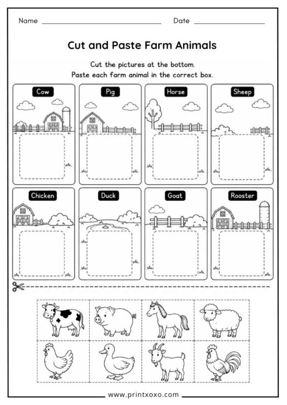 Cut and Paste Farm Animals printable worksheet.