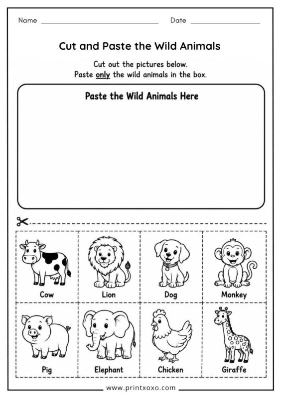 Cut and paste wild animals printable worksheet