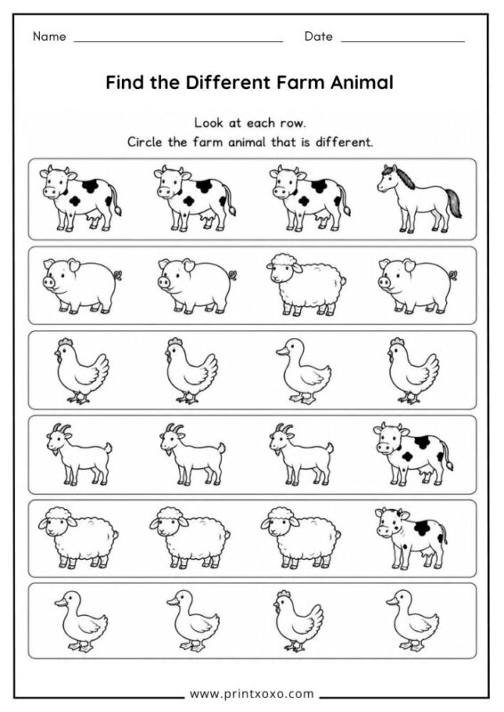 Find the Different Farm Animal printable worksheet.