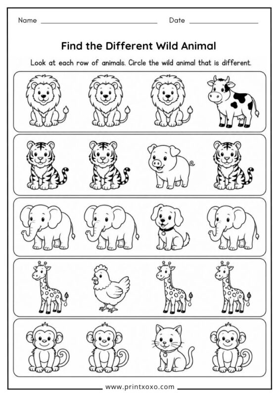 Find the different animal worksheet for preschool