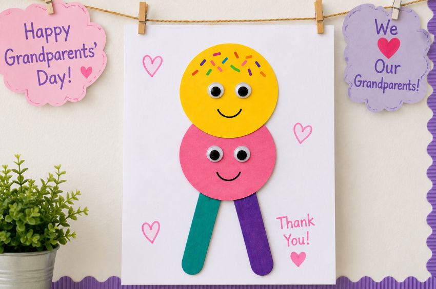 Finished Grandparents' Day Ice Cream Craft made with colorful paper circles, craft sticks, and googly eyes for preschool and kindergarten children.
