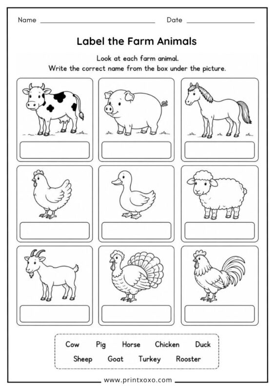 Label the Farm Animals printable worksheet.