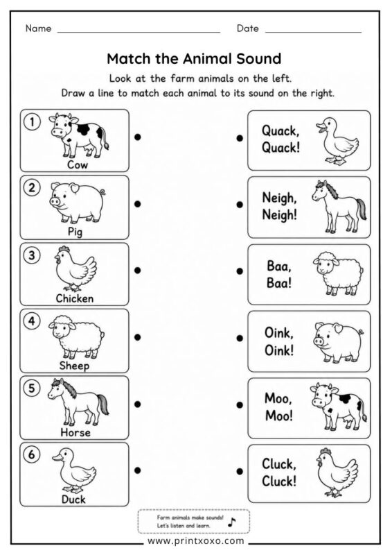 Match the Farm Animal Sounds printable worksheet.