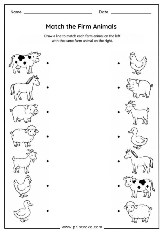 Match the Farm Animals printable worksheet for preschool and kindergarten kids.