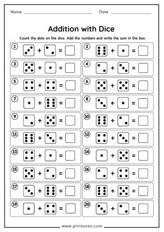 Addition with Dice worksheet for kindergarten
