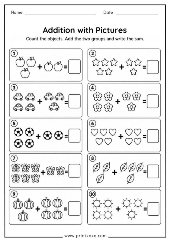 Addition with pictures worksheet for preschool and kindergarten