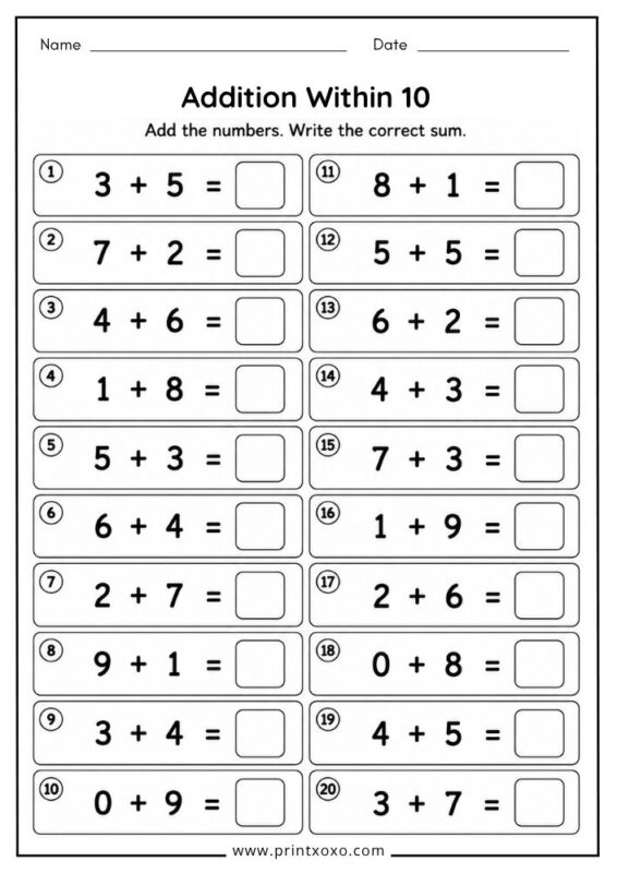 Addition Within 10 worksheet for kindergarten