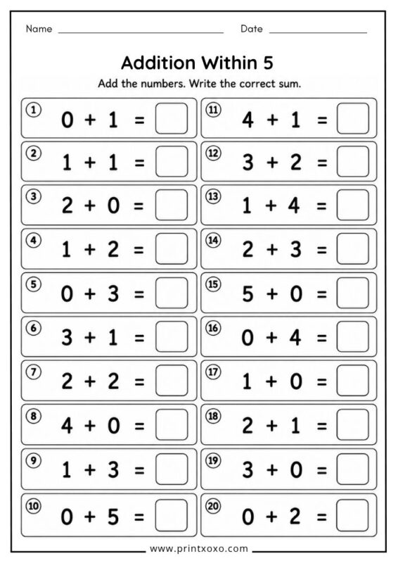 Addition Within 5 worksheet for preschool and kindergarten