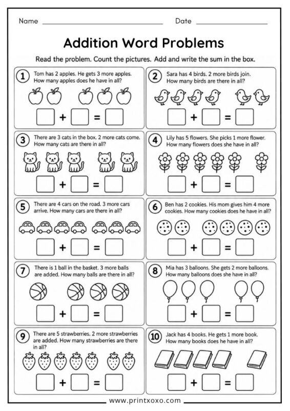 Addition Word Problems worksheet for kindergarten